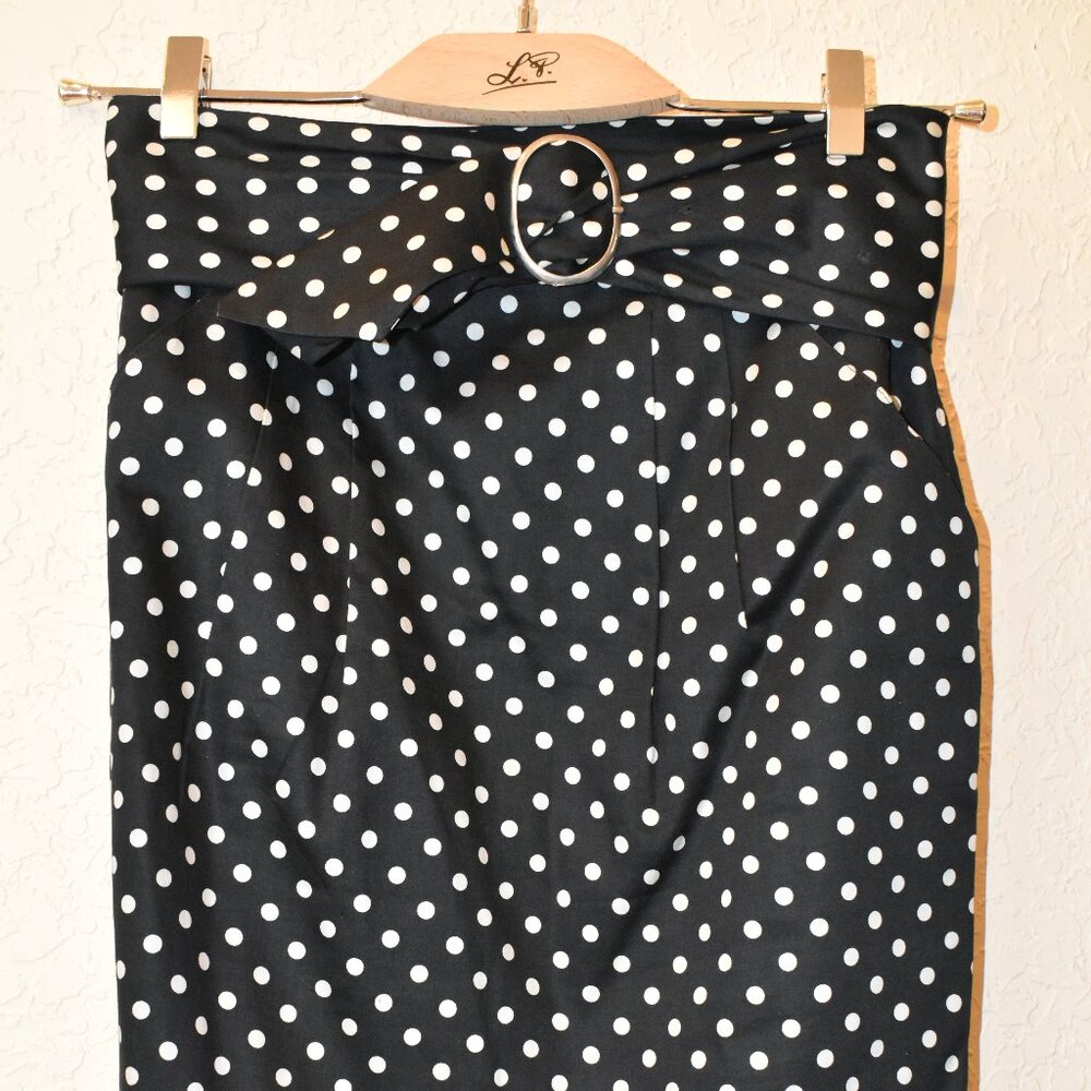 Vintage Luisa Spagnoli Black Polka Dot, Knee-length Pencil Skirt US 8